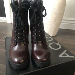 AQUA Burgundy & Black Stacked Heel Hiker Boots